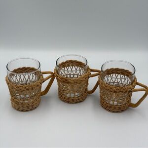 Vintage Collection Cups & 3 Wicker Rattan Boho Cup Holders With Handles Set Of 3